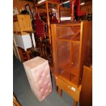 A Schreiber bedside chest, television stand, tables, magazine rack and an ottoman. (7)
