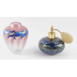 A Royal Brierley iridescent glass perfume atomiser, together with a pink and blue iridescent glass