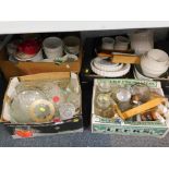 Kitchenalia, including storage jars, knife block, Pyrex, flower pots, flan dishes, souffle dishes