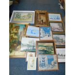 Pictures and prints, including a watercolour of St Mary The Virgin Northolt. (a quantity)