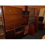 An oak sideboard, two chests of drawers, an oak two door cabinet, a single bed frame and a double