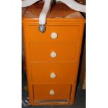 A Victorian mahogany chest of four narrow drawers, painted orange, 73cm high, 40cm wide, 50cm deep.