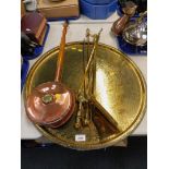 Four Victorian brass fire irons, an Indian brass tray, a copper bed warming pan, six resin elephants