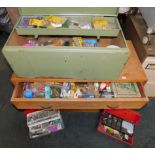 A Bott green metal tool chest, containing screws, nails and other items, together with an oak two