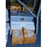 A sewing box, further sewing box, metal document case and a desk tidy. (4)