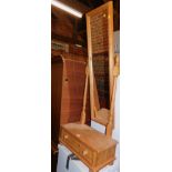 A pine cheval mirror, with lower drawer, 158cm high.