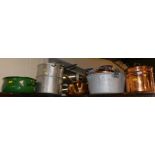 Four graduated copper saucepans and lids, further copper ware, aluminum jam pan, Diamond steamer,