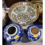 A Chinese Republic Cantonese famille verte porcelain bowl, together with two ginger jars decorated