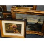 A gilt framed rectangular wall mirror, an oil painting of a country landscape, Continental oil