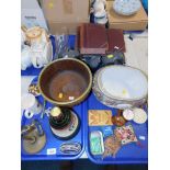 A Japanese porcelain bowl, advertising wares, brass magnifier, etc. (3 trays)