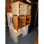 A melamine desk, three bedside cabinets, pine television stand, and a square beech effect table. (