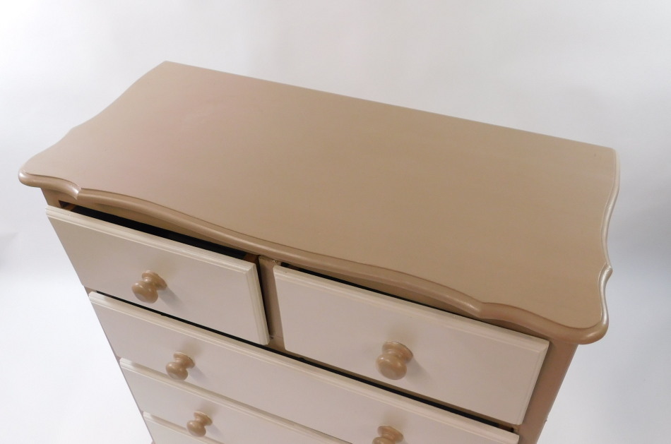 A pine chest, of two over three drawers, painted beige and white, raised on turned feet, 105cm high, - Image 2 of 2