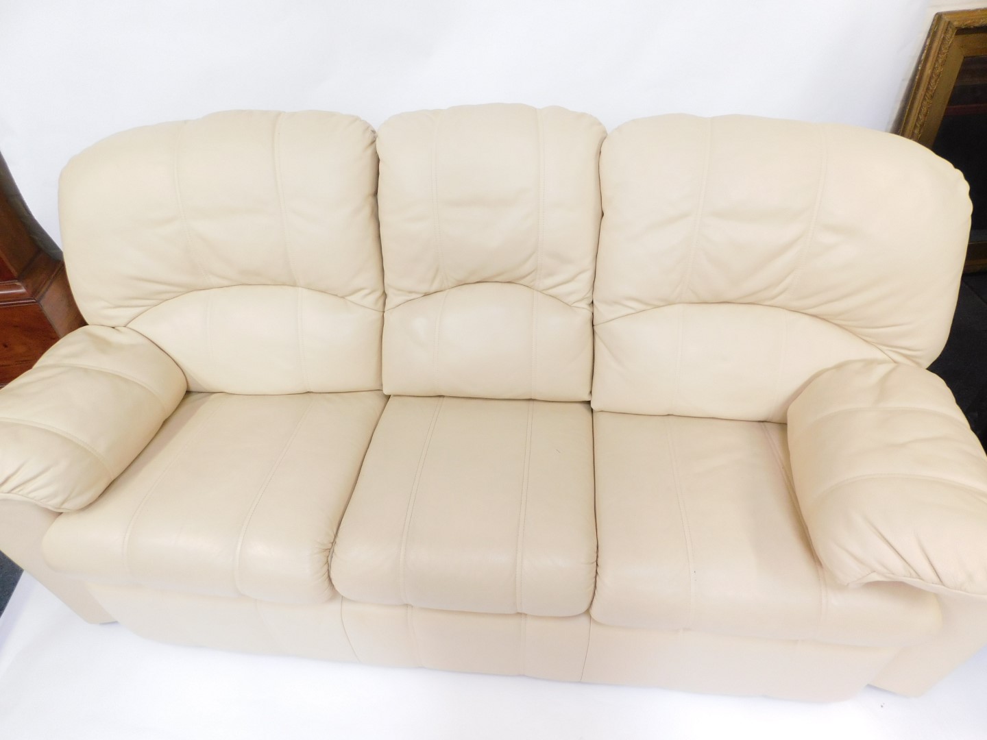 A G-Plan cream leather three seater sofa, 225cm wide, together with an electric recliner armchair - Image 4 of 6