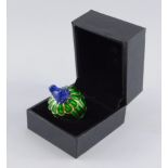 A Faberge style green and blue enamelled dress ring, yellow metal, surmounted with a frog, size M/N.