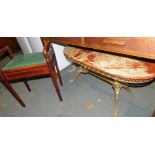 A Queen Anne style piano stool, 83cm high., together with a gilt metal and onyx coffee table.,