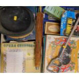 Assorted collectables, including savings banks, pens, a bowler hat, boater, LPs, fans, etc. (2 trays