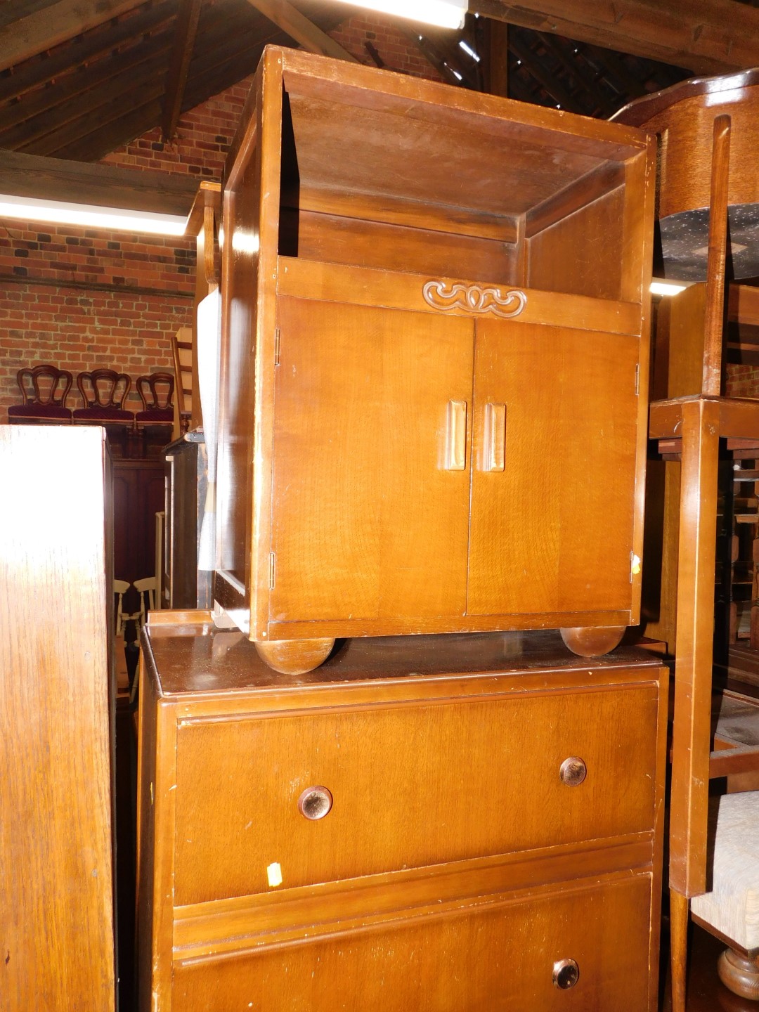 An oak sideboard, two chests of drawers, an oak two door cabinet, a single bed frame and a double - Image 2 of 2