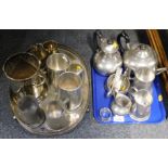 Pewter and plated wares, including a period pewter four piece tea set, tankards, wine cooler and