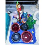 A Murano glass figure of a clown, Mdina vase, paperweights, ashtrays, etc. (1 tray)