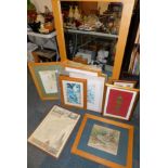 A rectangular light oak framed wall mirror, further wall mirrors and prints, etc. (a quantity)