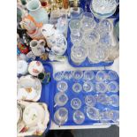 Ceramics and glass, including cat figures, tea wares, Edwardian etched glass ware, etc. (5 trays