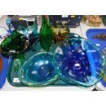 Murano and other vintage colour glassware, comprising a basket, four bowls and two vases. (7)