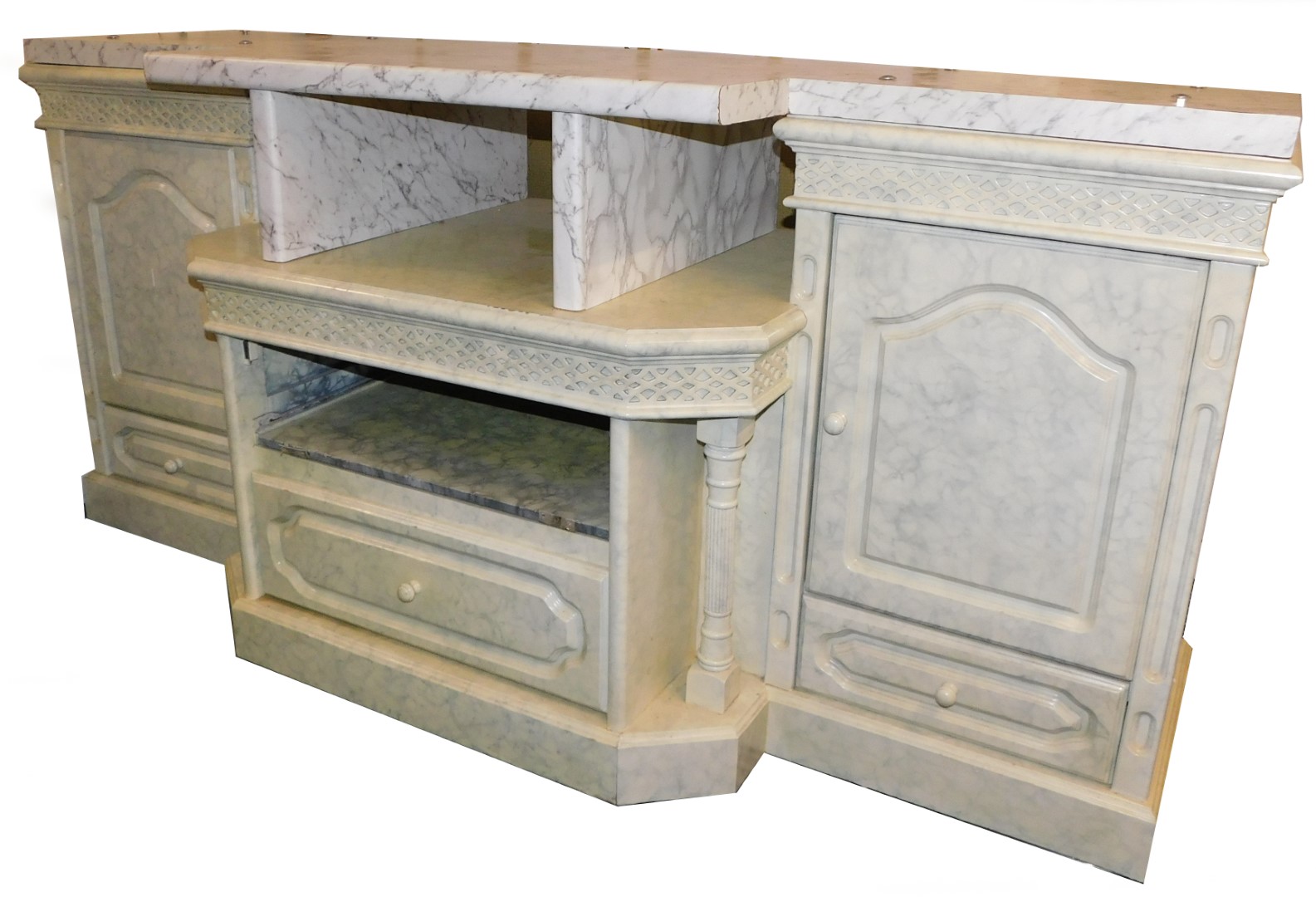 A modern kitchen side cabinet, with marble effect top, 186cm wide.