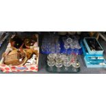 A lacquer box, games and tools, treen, Staffordshire spaniel, Babycham glasses, further glass