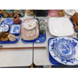 Blue and white transfer printed pottery, including a Schweppes dish, George Jones Shredded Wheat