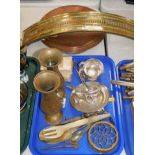 A pair of Indian brass vases, horns, spoons and a fork, plated wares, brass curved fender and a