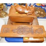 Boxes and treen, including a Dutch wooden butter mould and a carving of an elephant. (1 tray)