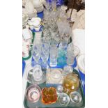 Assorted cut glass drinking glasses, Babycham glasses, decanter, oil and vinegar bottles, vases,