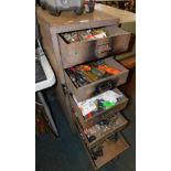 A grey metal nine drawer tool cabinet, and contents of hand tools and fittings.