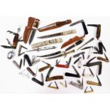 A collection of various penknives, folding horn handle knife with fork, spoon, corkscrew, etc., when