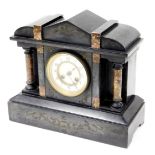 A late 19thC French black slate clock, decorated with engraved scroll to top, above two marble