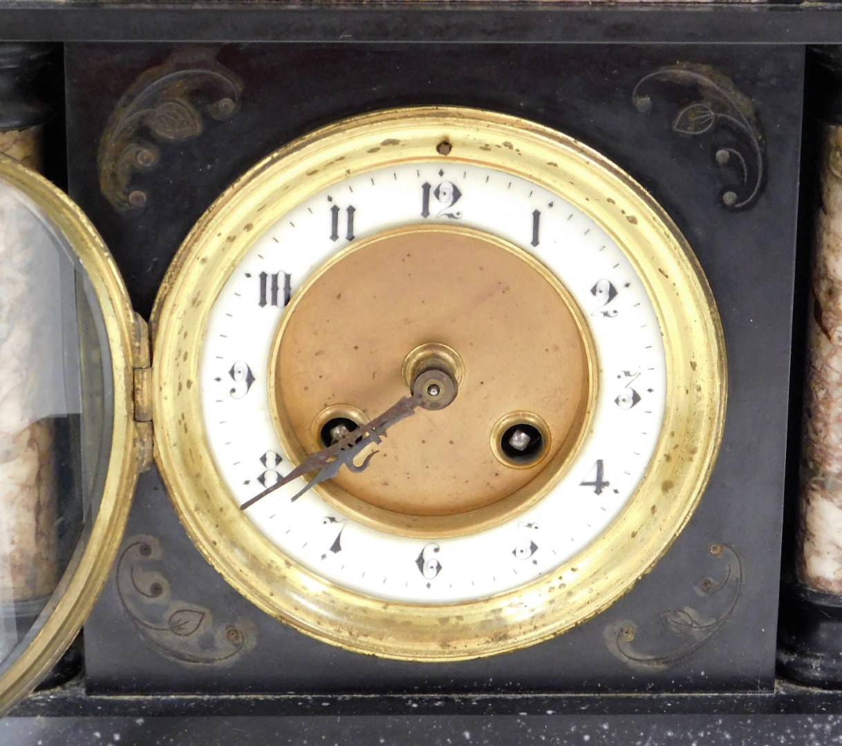A late 19thC French black slate clock, decorated with elaborate red and white marble pillars, with - Image 2 of 3