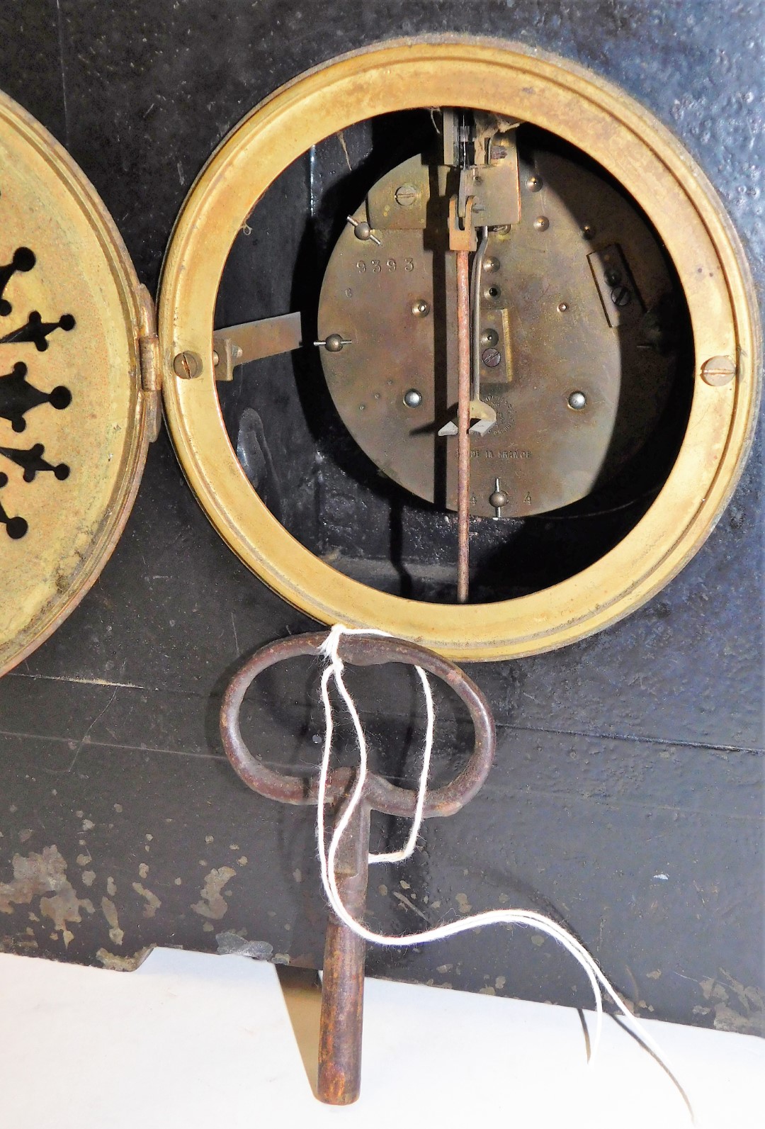 A late 19thC French black slate clock, decorated with elaborate red and white marble pillars, with - Image 3 of 3
