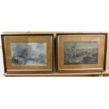 M Kelly (19th/20thC). Two charcoal pictures of masted ships, signed, in oak frames, 27cm x 42cm. N.
