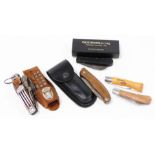 A folding pen knife, an opinel carbone knife with 10cm handle, survival knife with horn handle and