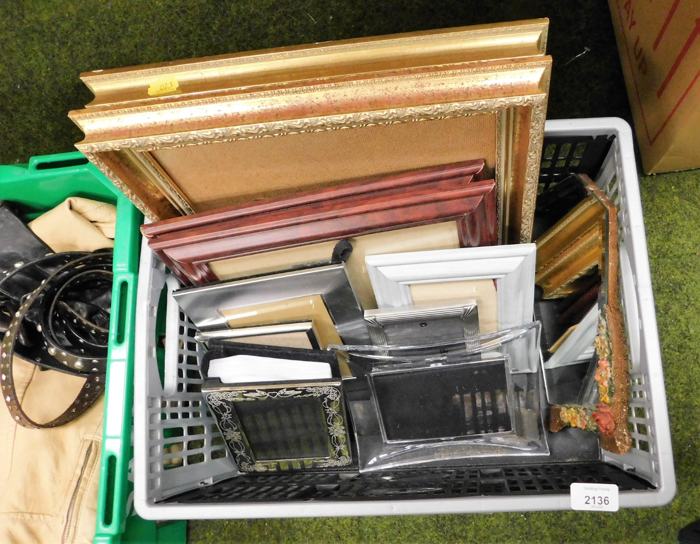 Various picture frames and clothing, to include metal frames, 1920's floral frame, gilt frames, - Image 2 of 3