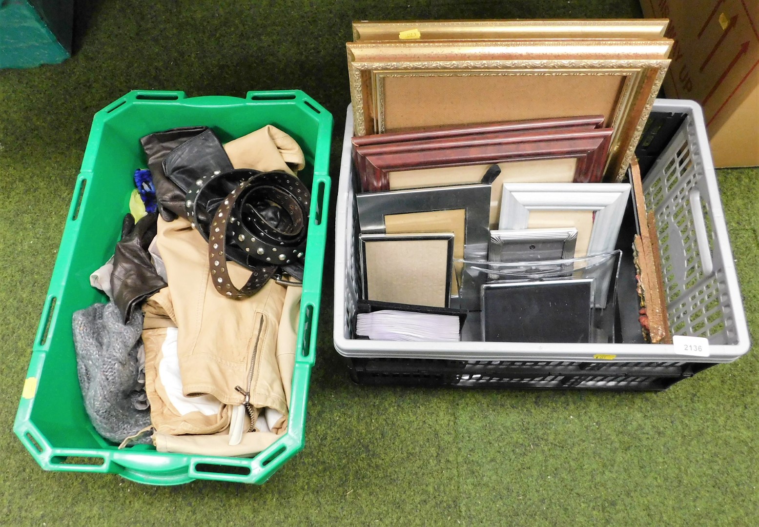 Various picture frames and clothing, to include metal frames, 1920's floral frame, gilt frames,
