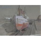 Withdrawn pre-sale by vendor. Sybil Allan Blunt (1880-?). A twin funneled steam ship in dry dock, wa