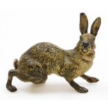 A late 19thC Austrian cold painted bronze model of a hare, in a slightly crouched stance and bearing