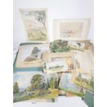 A Victorian portfolio, containing a collection of watercolour drawings, topographical scenes,