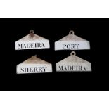 Four Wedgwood pottery bin labels, Sherry, Port and two Maderia, impressed marked, 19thC., 14cm.