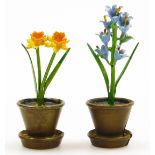 Two 20thC Austrian cold painted bronze place card or menu holders, in the form of potted daffodils