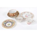 A group of Continental porcelain items, including a Seux decorated with birds, large breakfast cup