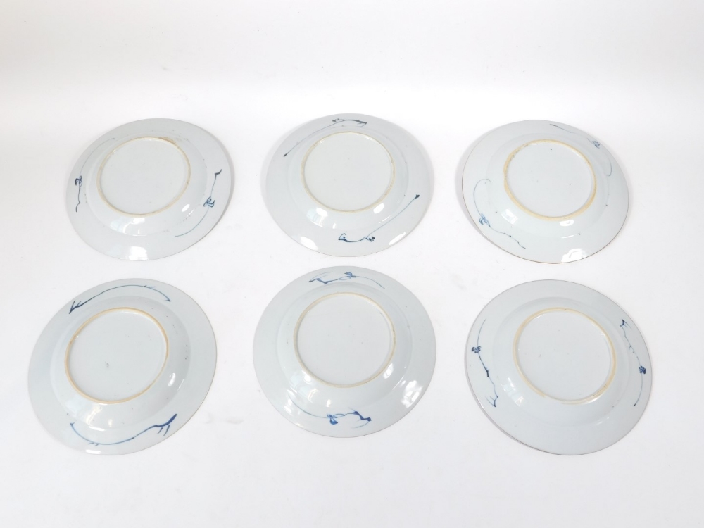 A set of six 18thC Chinese blue and white plates, decorated with oriental landscapes, 23cm - Image 2 of 2