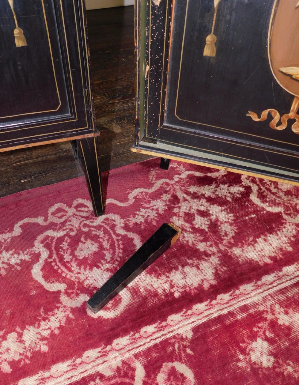 A pair of George III painted waterfall side cabinets, on a black ground, each with a raised top - Image 4 of 4