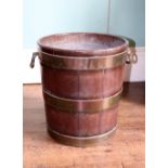 A George III mahogany and brass bound peat bucket, with later zinc liner, brass side handles, 41cm